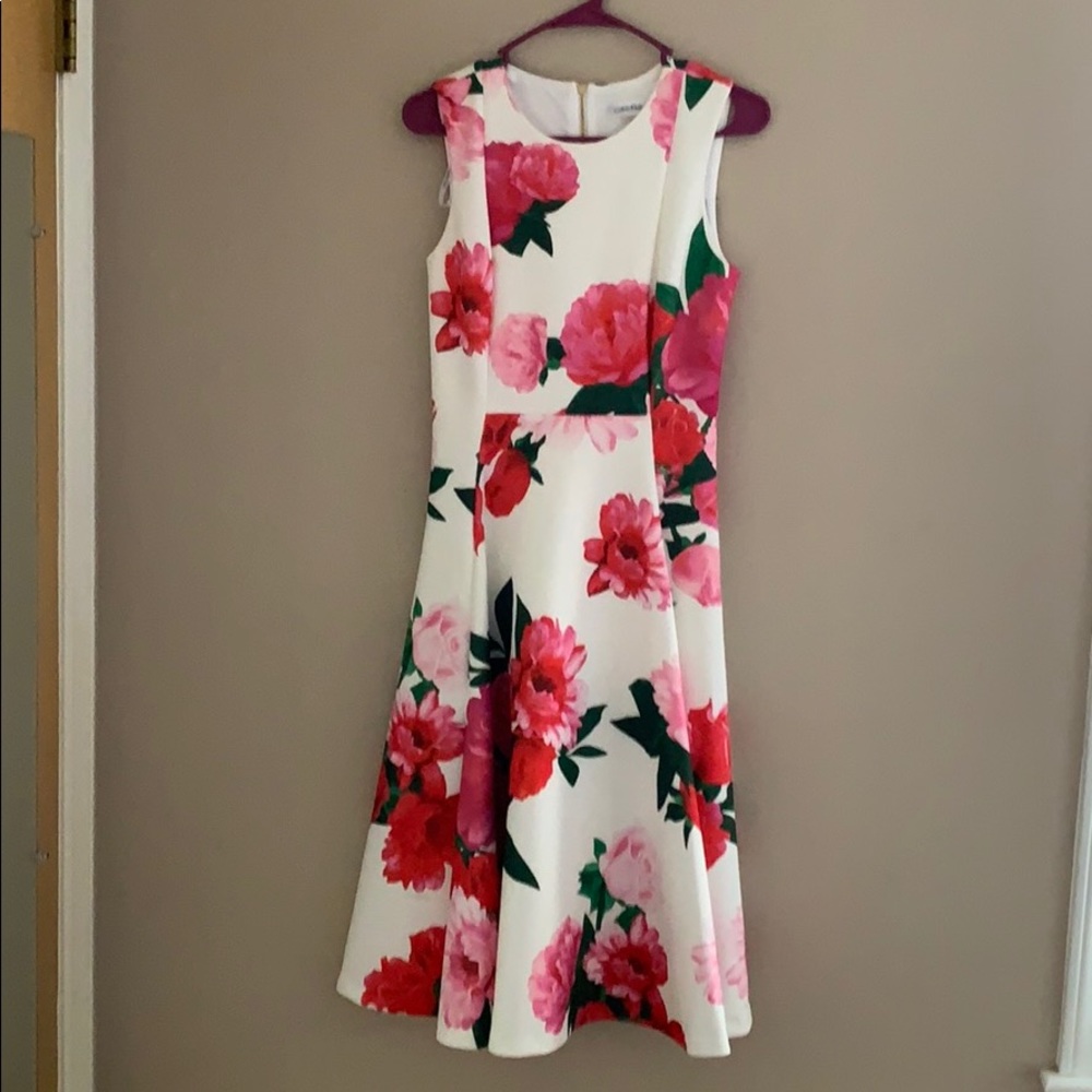 Pink and Red Floral Calvin Klein Midi Dress